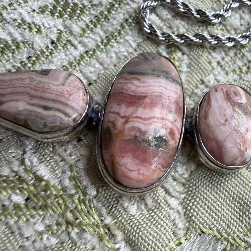Rhodochrosite GemStone Sterling Silver Necklace Natural Pink and green Banding